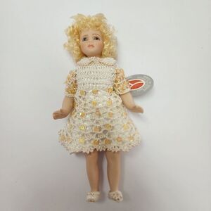 Vintage Delton 9" Porcelain Doll In Crocheted Dress With Tags